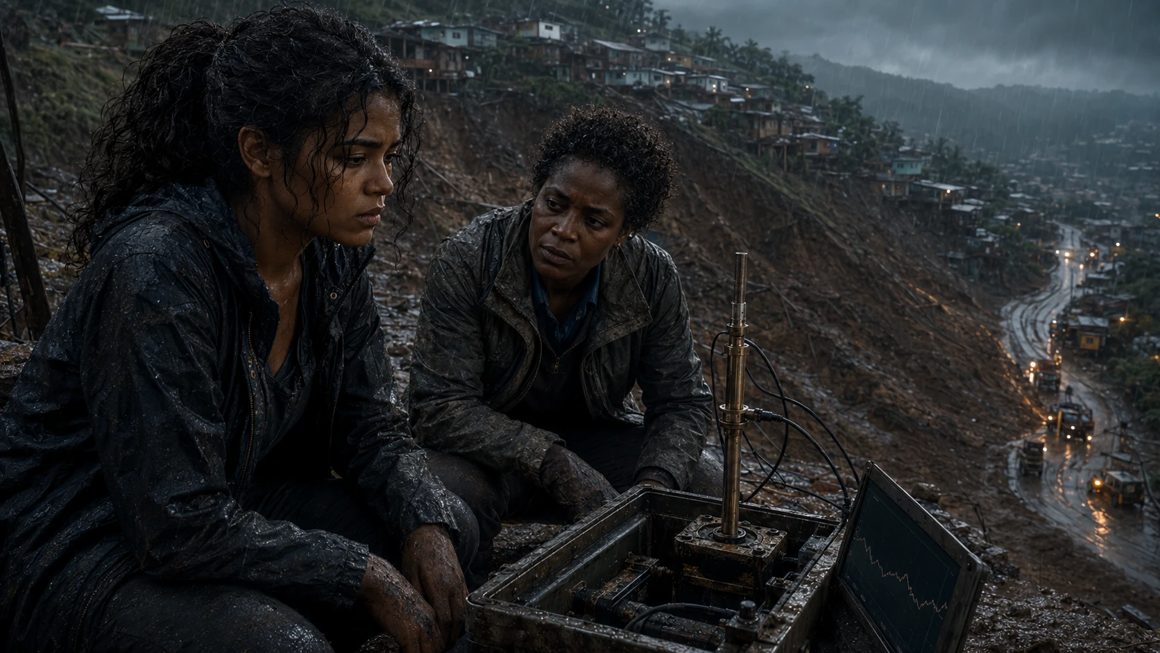 Nara and Adaeze study a borehole instrument as rain moves across Kavera Ridge and the road below.