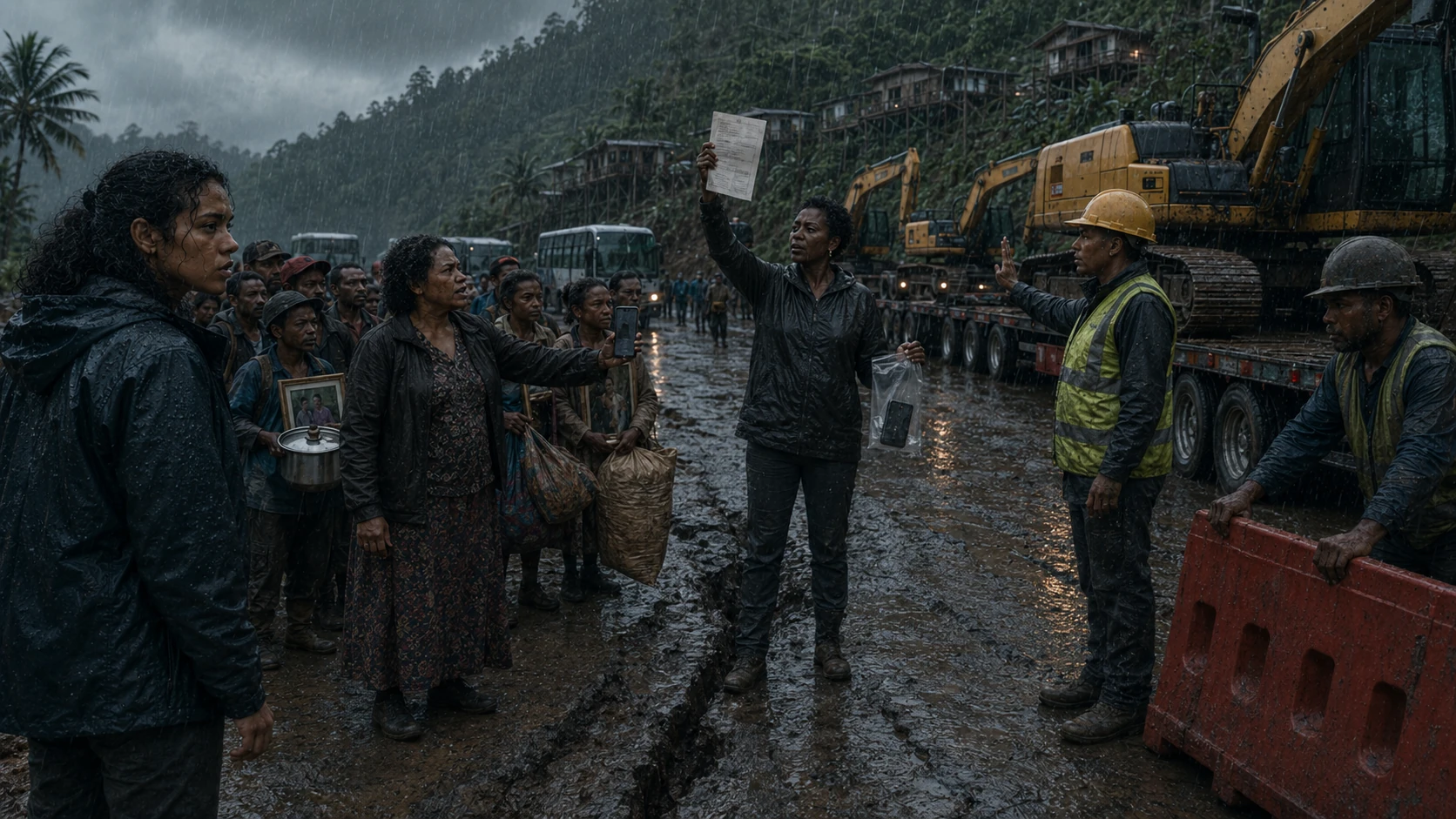 Mere raises the emergency clearance order while Lani stops the excavators and residents stand with Miri and Nara in the rain.