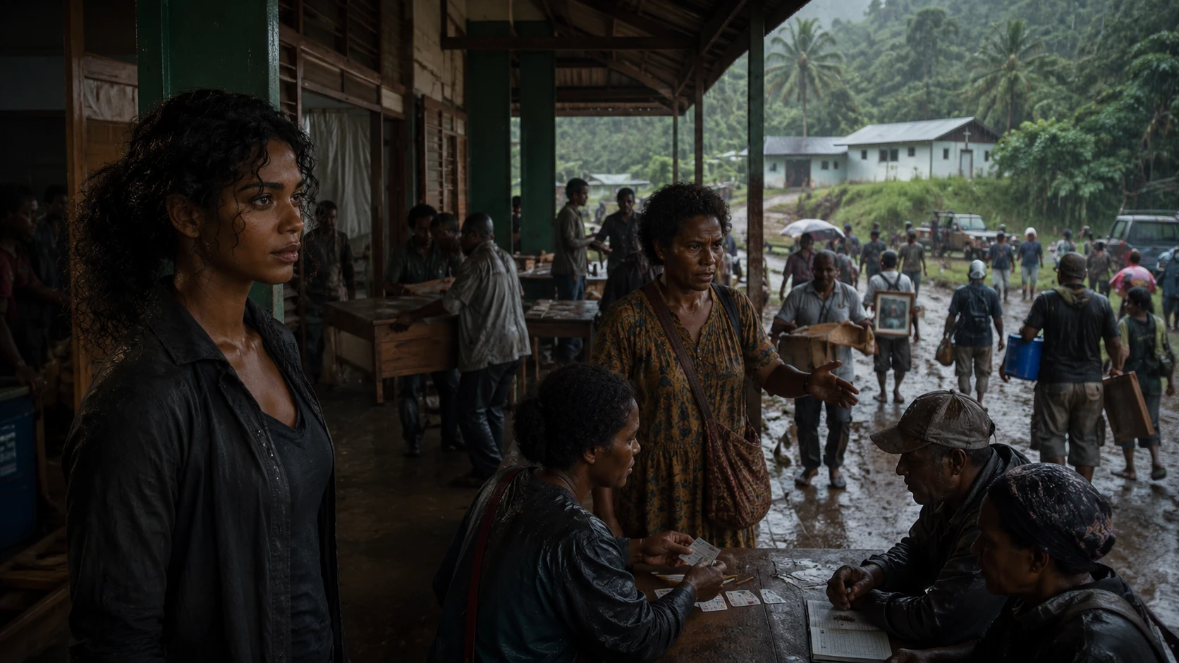 At the church school, Miri directs local shelter registration while Nara watches residents arrive with bags and family photographs.