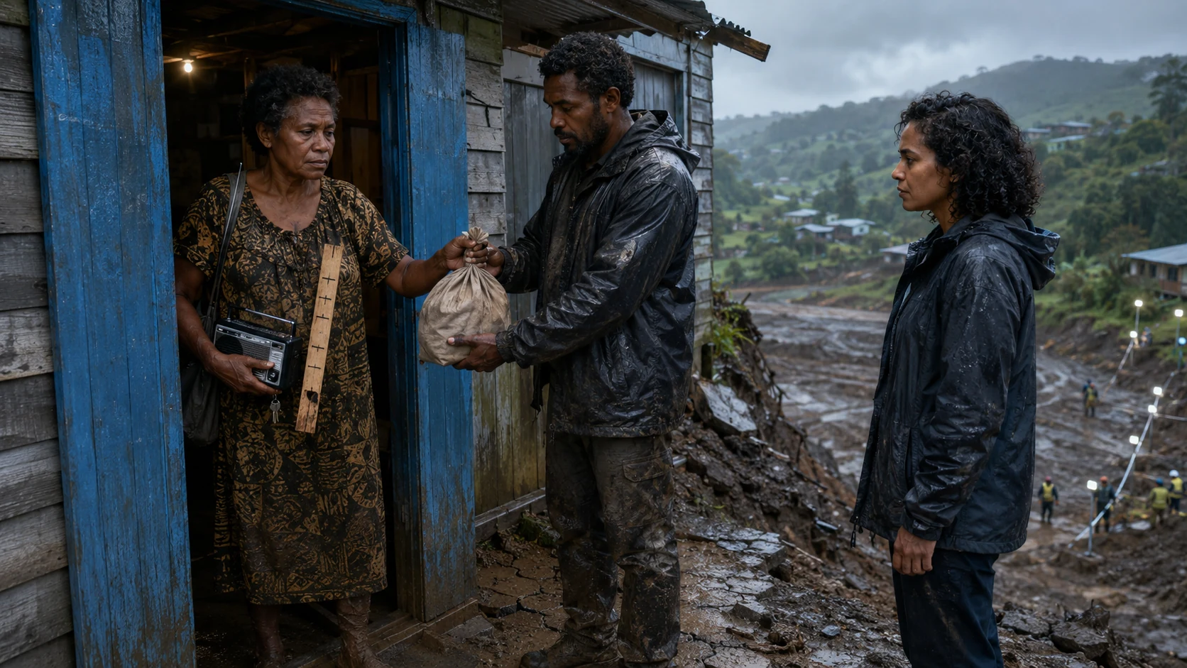Miri steps from her blue-doored home carrying a radio and family height strip while Kila receives her bag and Nara waits outside in the rain.