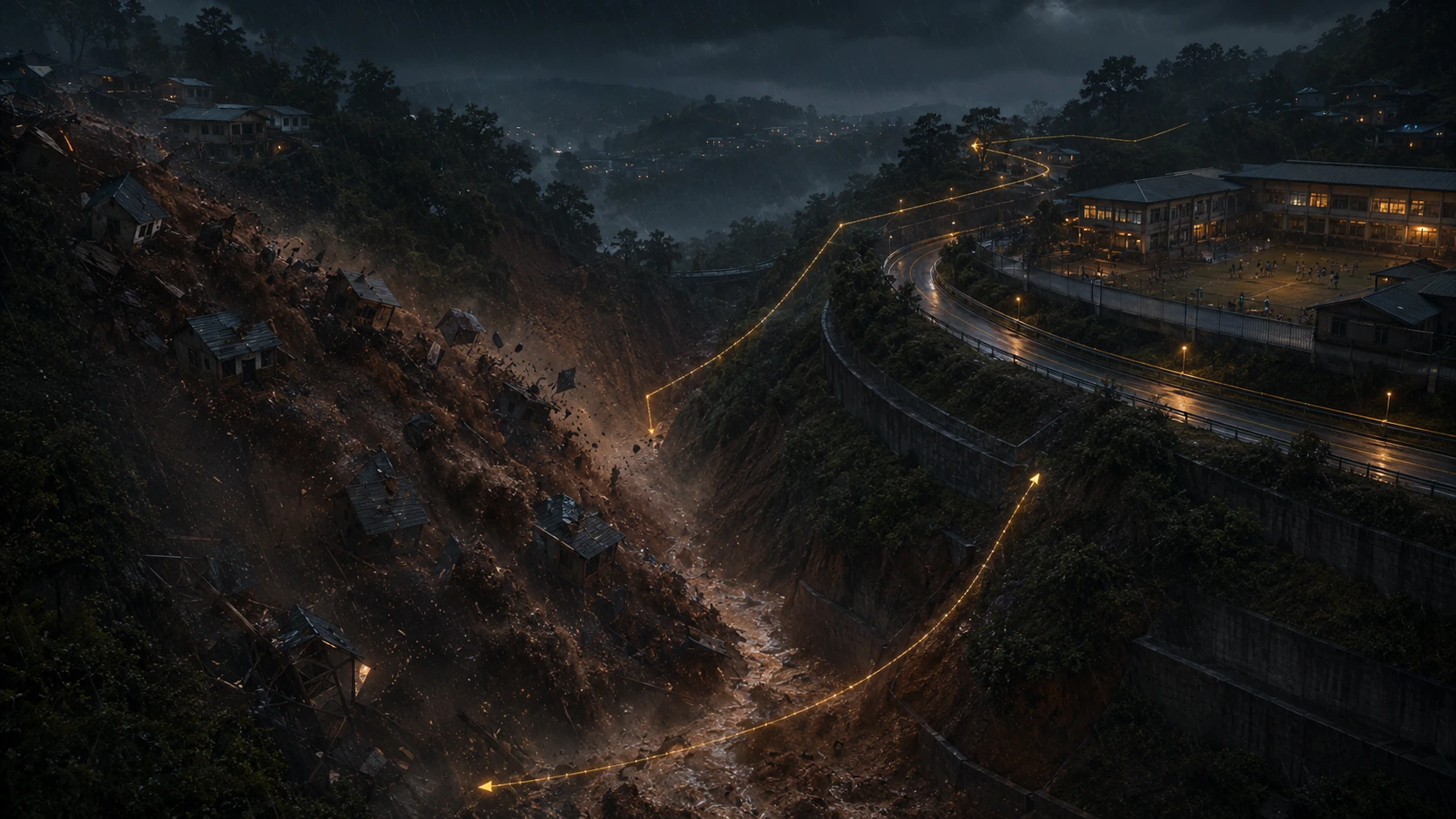 A vast landslide takes the old gully while golden load paths preserve the school road and occupied route.