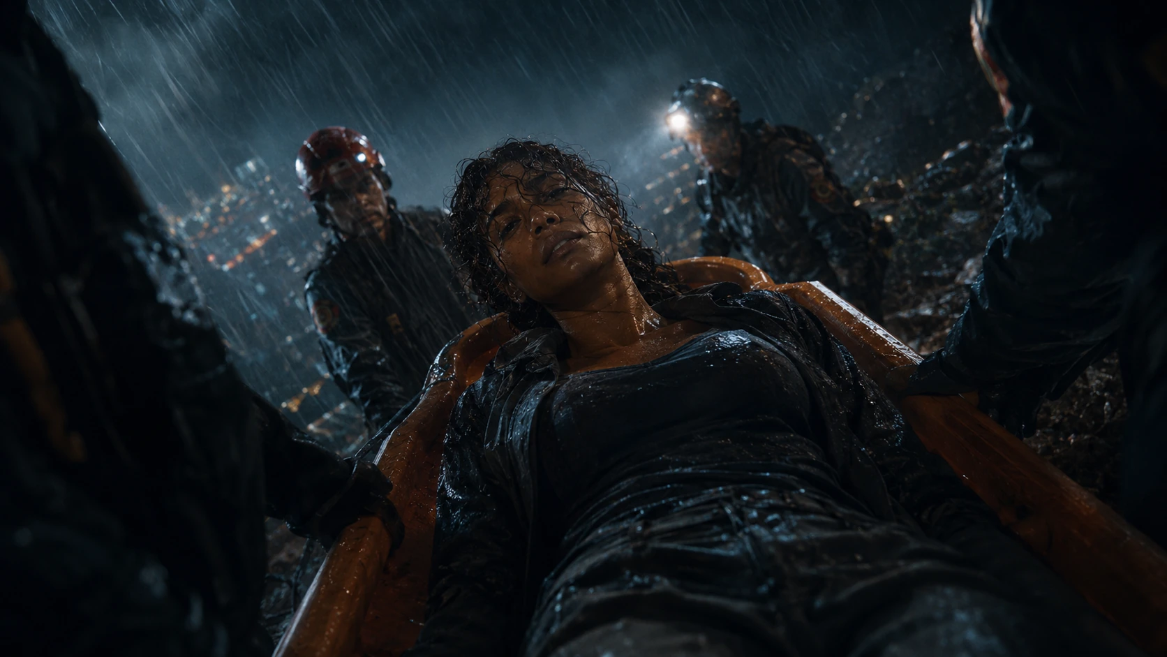 Responders carry an exhausted Nara through heavy rain after the last evacuee has cleared the route.