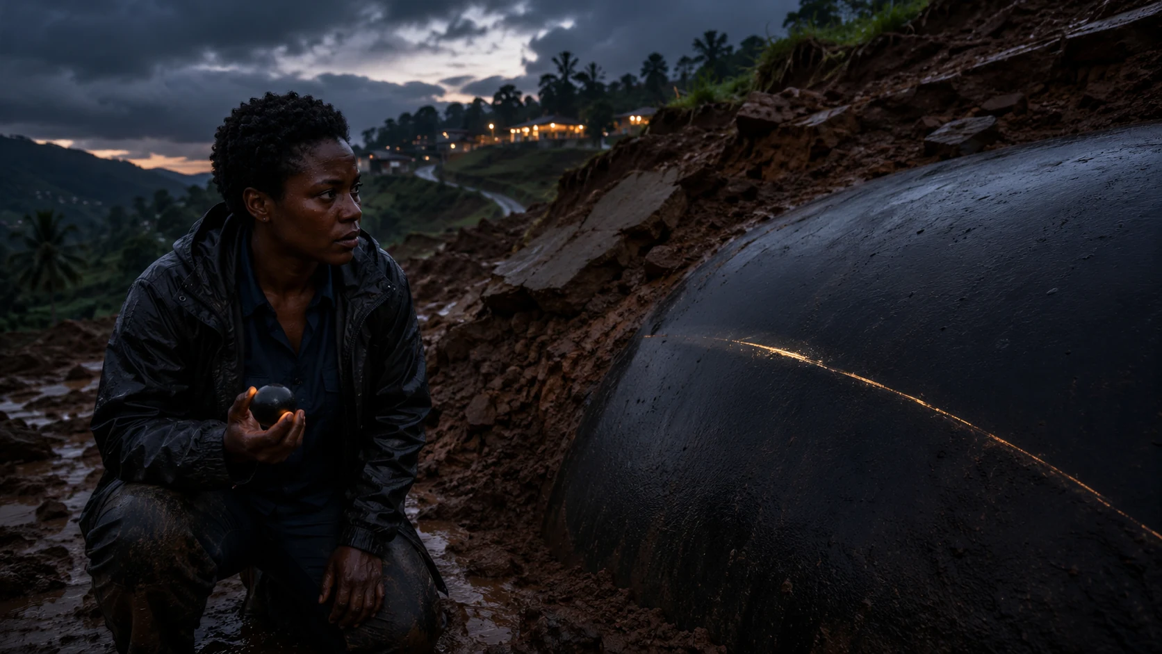 At dusk Adaeze kneels alone beside the landslide, holding the small black sphere as one fine gold line appears across the immense smooth black curve exposed beneath the hill.