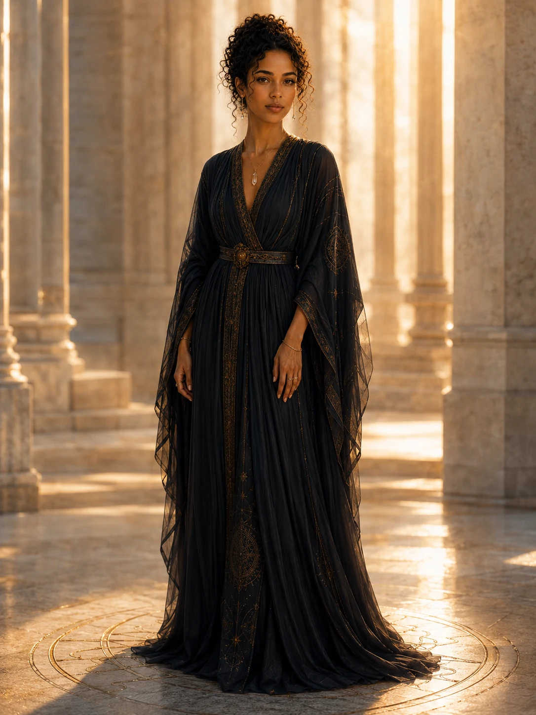 Full-length portrait of Illuminara in a dark flowing garment traced with restrained gold geometry