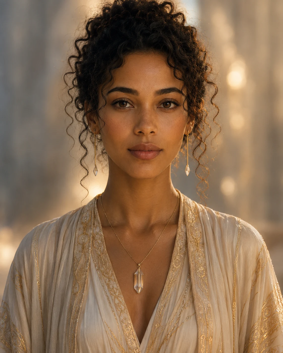 Illuminara, recognizably the same woman as Nara, wearing a restrained white and gold cosmic garment