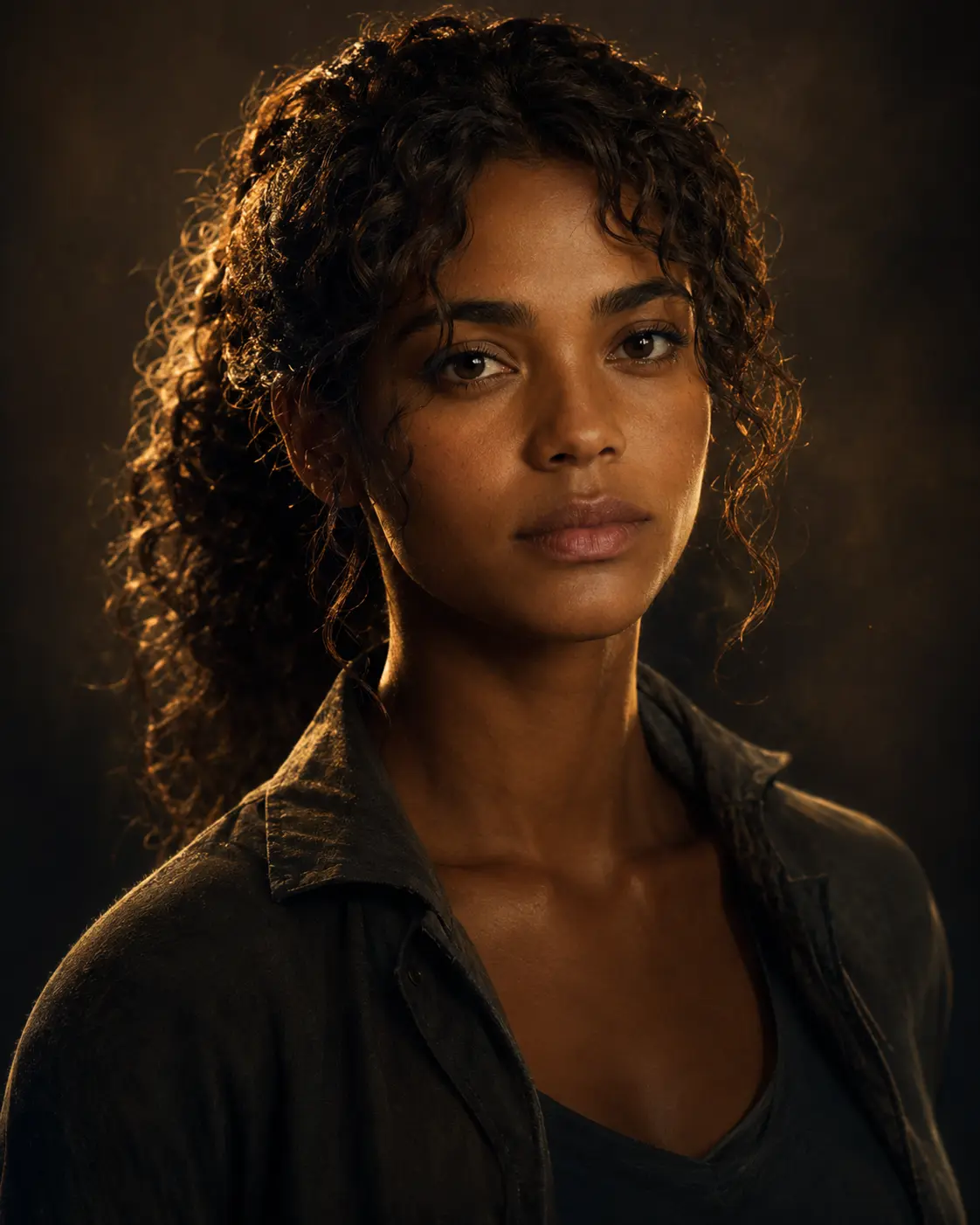 Portrait of Nara, a physically human crisis thinker with warm brown skin and dark natural curls