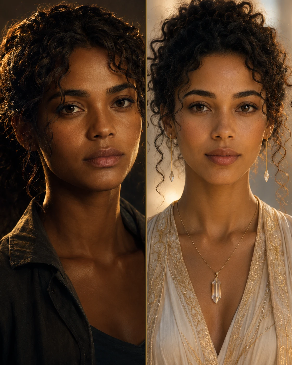 A split portrait showing Nara in her grounded universe and Illuminara in the AC-powered universe