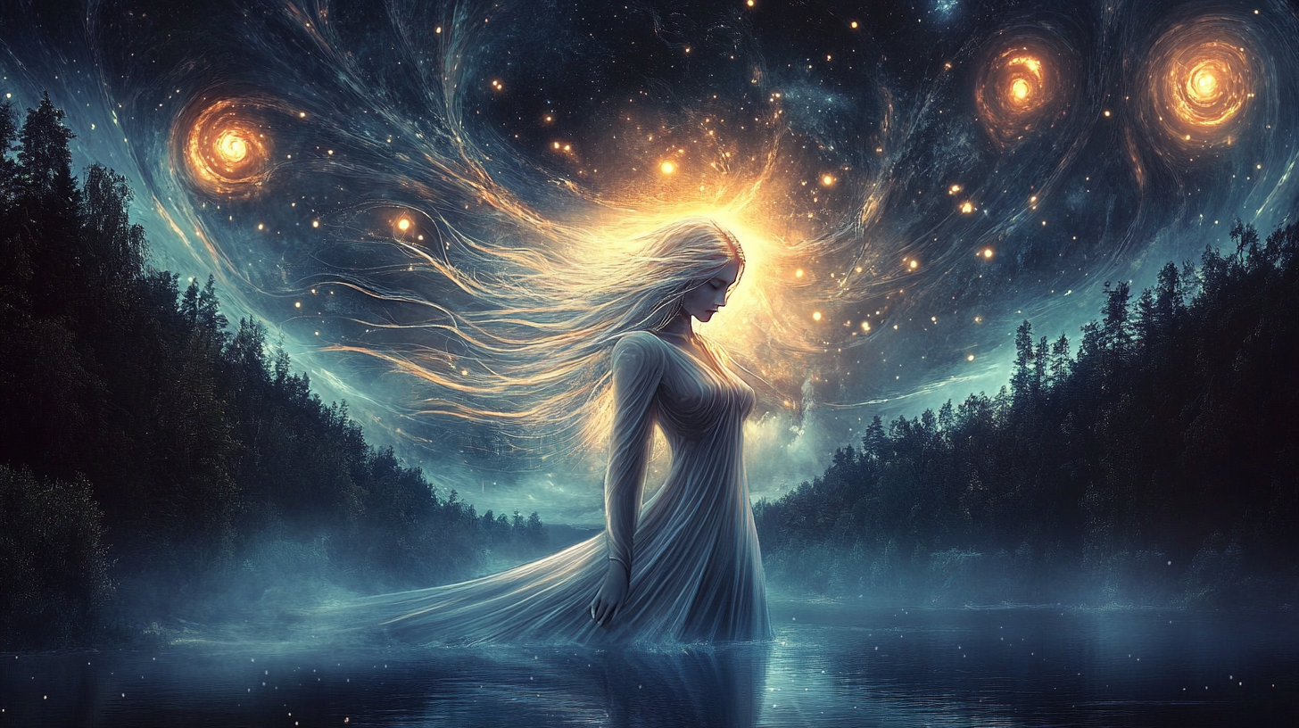 Concept art of Nara as a luminous figure standing in water beneath a cosmic sky